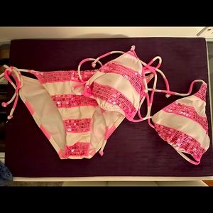 Bikini set striped sequins hot pink top L bottom S
